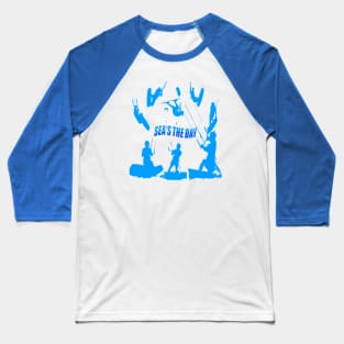 Kitesurfer Pattern Blue Silhouette Seas The Day Fun Pun Baseball T-Shirt